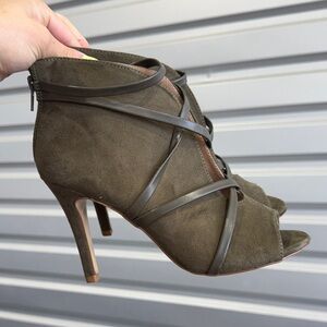 Olive Green Suede Strappy High Heel Booties